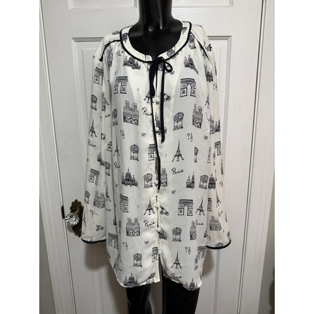 Paris Theme Sheer Talbots 1X Long Sleeve Blouse Shirt Black Cream